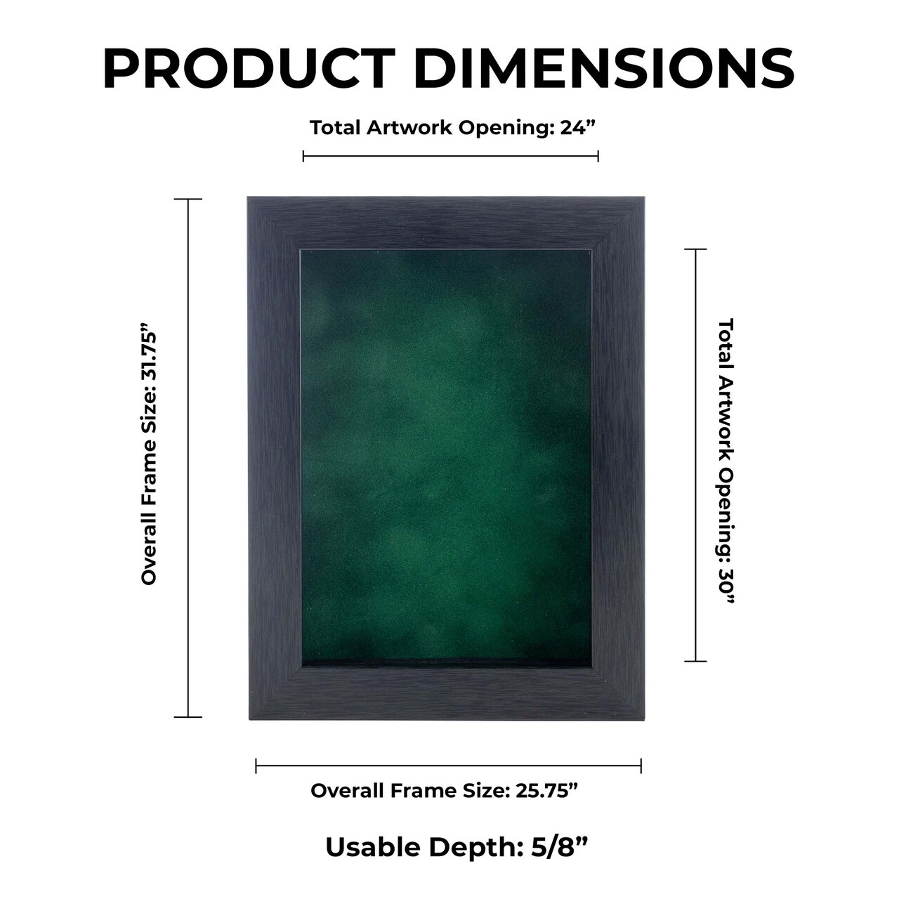 Elegant Charcoal Wood Shadow Box Frame with Acrylic Front - Forest Green Suede Backing, 30 Sizes